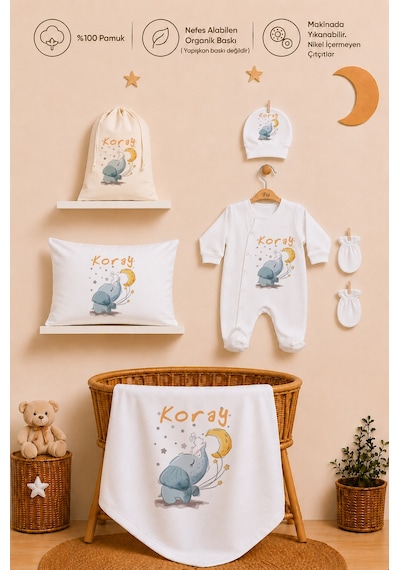Pia Baby İsme Özel Hastane Çıkışı %100 Pamuk Erkek Bebek Organik Baskılı Tulum Set Keseli Hediyelik 2068tybk0x Krem