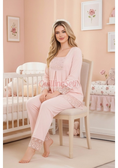 Lady Bebe Pembe Renkli Dantel Detaylı, 33203 Uzun Kol, 2 Parça Lohusa Hamile Pijama Takımı Açık Pembe