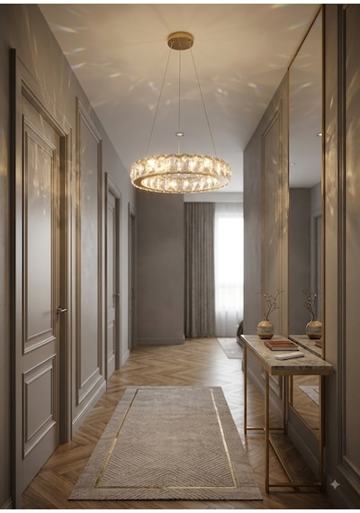 Ala Lighting Plaket Kristal Taş İşlemeli Gold Paslanmaz Tekli Led Avize - Kumandalı 3 Renk Altın - Gold
