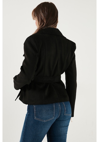 Lela Regular Fit Kruvaze Yaka Kuşaklı Süet Dokulu Bayan Ceket 6839640 Siyah