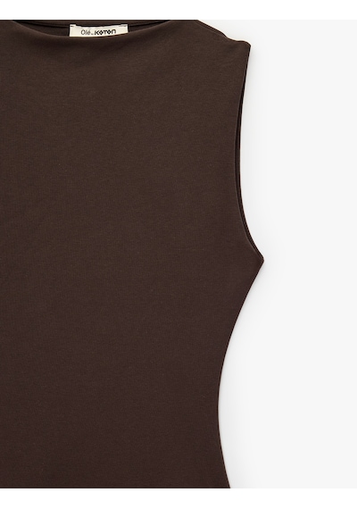 Koton Slim Fit Dik Yaka Kolsuz Asimetrik Uzun Elbise Kahverengi 7wal80029ık Kahve