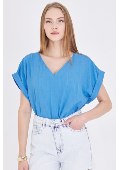 Armonika Kadın Mavi V Yaka Yanları Yırtmaçlı Arkası Uzun Duble Kol Detaylı Oversize Bluz Arm-24y001074