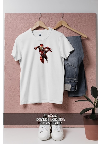 Oversize İronman Sinematik Tasarımlı Unisex T-shirt Beyaz