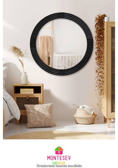 Safir Ahşap Siyah Yuvarlak Ayna Işlemeli Duvar Banyo Aynası 43 Cm Siyah