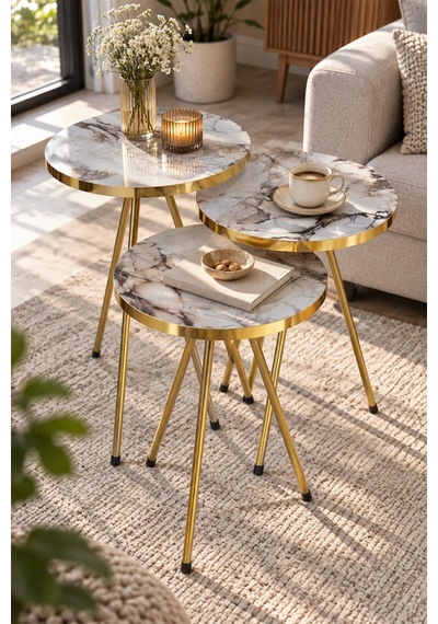 Sulorahome Beyaz Mermer Görünümlü Gold Metal Zigon Sehpa Seti 3'lü Tablalar Beyaz Mermer / Ayaklar Gold