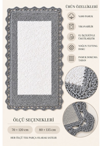 Alanur Bodrum Tufting Cotton Pamuklu El Işi Örgülü Paspas 108 70 X 120 Cm Beyaz - Gri