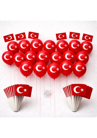 Türk Bayraklı Balon Seti 25 Adet 10'' 26 Cm + Çıtalı Türk Bayrağı 25 Adet Çok Renkli