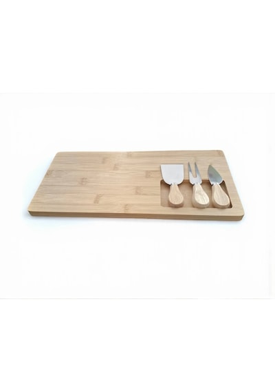Doğal Bambu Bıçaklı Peynir Servis Sunum Tabağı Kahvaltı Sunum Tahtası Seti 4 Parça 38x18 Cm Kahverengi
