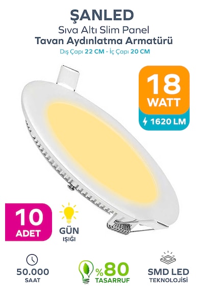 18w Tasarruflu Led Yuvarlak Gün Işığı Sıva Altı Slim Panel Tavan Aydınlatma Armatürü-10 Adettir