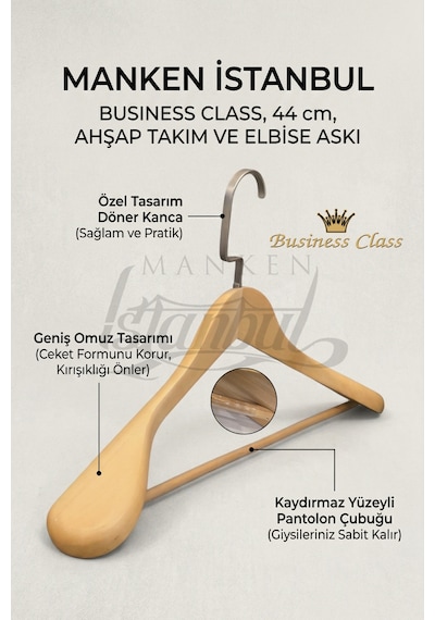 3 Adet Delüks Masif Ahşap Ev Ve İş Yeri İçin 44 Cm Ahşap Ceket Askısı - Ahşap Elbise Askısı Bej