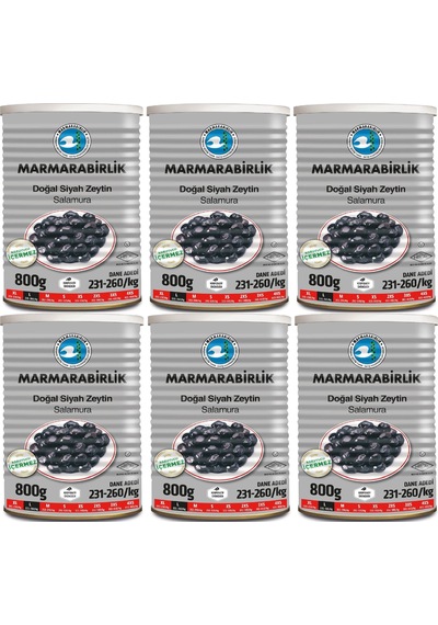 Marmarabirlik Doğal Salamura 231-260 KB L Siyah Zeytin 6 x 800 G