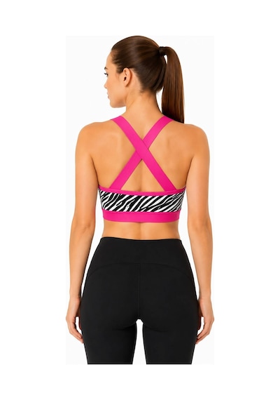 Neco Giyim Kadın Zebra Desenli Çapraz Askılı Destekli Spor Büstiyer Pembe