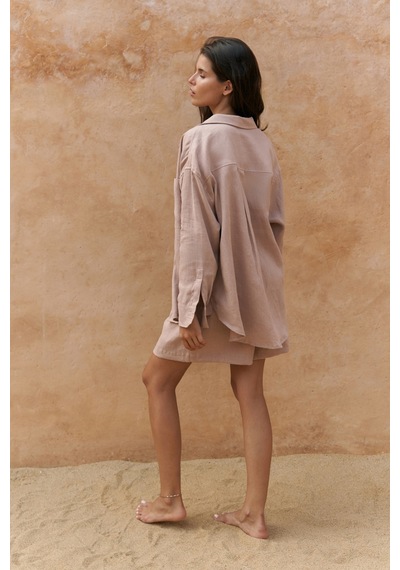 Mai Collection Mai Studios Co. Gaelil Oversize Vizon Keten Gömlek Şort Takım Vizon