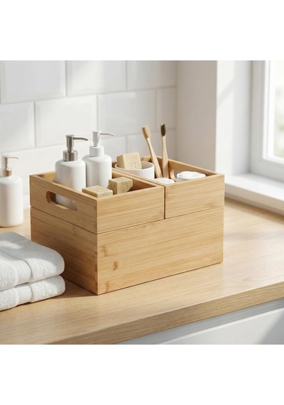 3'lü Modüler Bambu Organizer Set - Üst Üste Geçebilen Çok Amaçlı Çekmece İçi Ve Masaüstü Düzenleyici Kutu - Banyo, Mutfak Ve Ofis İçin Ahşap Saklama Seti Açık Gri