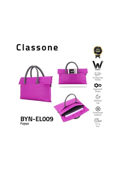 Classone Byn-el009 Wtxpro Su Geçirmez Kumaş 13-14 İnch Bayan Laptop, Notebook, Apple Uyumlu MacBook Air El Çantası- Tote Bag- Fuşya