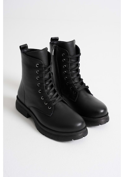 Analin Shoes Kadın Hakiki Deri Bağcıklı Fermuarlı Rahat Postal Bot Siyah