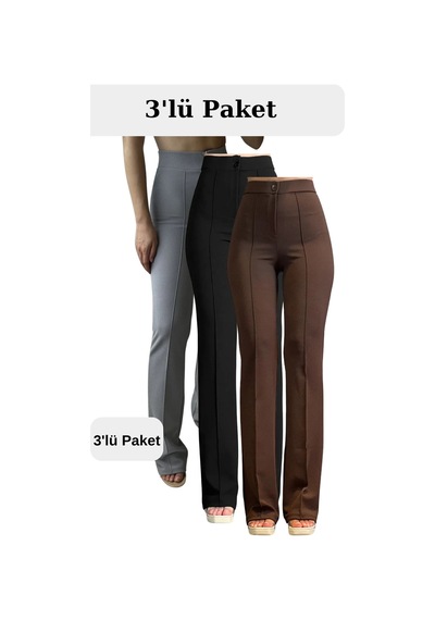 Thiff Gymwear Krep Kumaş Likralı Kadın Palazzo Pantolon 3'lü Set Gri-siyah-kahverengi