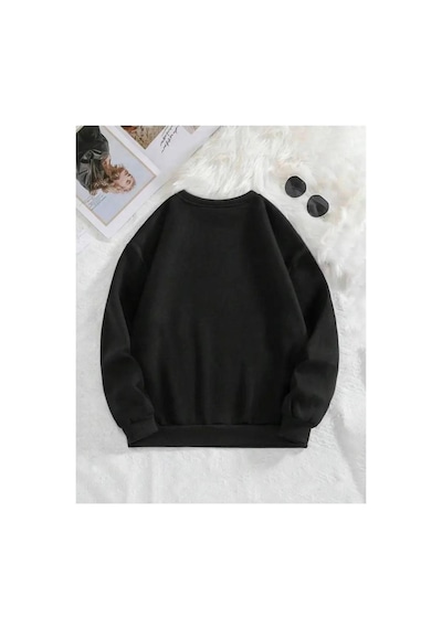 Herkesemoda Sevimli Ayıcık Baskı Detaylı Bisiklet Yaka Sweatshirt Siyah