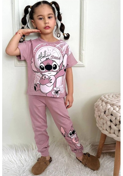 Kız Çocuk Stitchh Desenli Kısa Kollu Tshırt Eşofman 2'li Takım-980 Gül Kurusu Kız Çocuk Stitchh Desenli Kısa Kollu Tshırt Eşofman 2'li Takım-980 Gül Kurusu