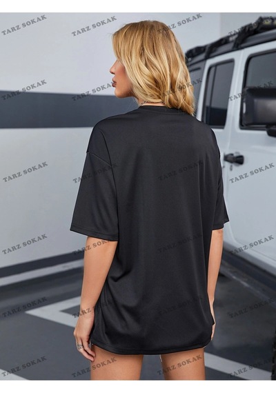 Startmore Düz 4 Baskısız Baskılı Oversize Kalıp Unisex T-shirt Siyah
