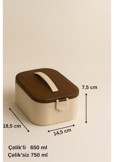 Lunchee - Çelik Bölmeli Sızdırmaz Ahşap Görünümlü Vakum Kapaklı Yemek Kabı Lunchbox 650 Ml Kahverengi