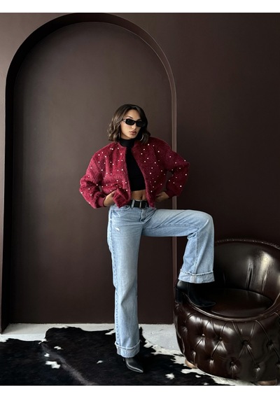 Verymoda Suni Kürk Bomber Ceket - İnci Detaylı Bordo