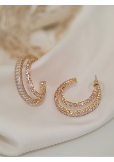 İkili Yarım Halka Model Zirkon Taşlı Antialerjik Vip Halka Gold Renk Küpe Antialerjik Gold