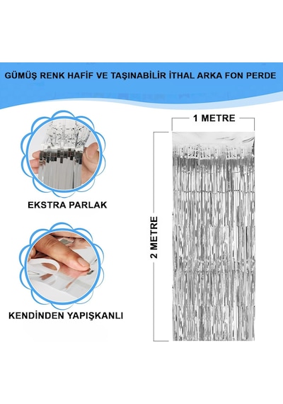 Gümüş - 566 - Renk Ekstra Metalize Parlak Saçaklı Arka Fon Perde İthal A Kalite - Spt-gld - 1x2 Metre Tüm Yaşlar