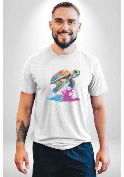 Renkli Kaplumbağa Karetta Kareta Unisex Unisex Beyaz Organik Baskılı T-shirt Penye Yüksek Kalite Beyaz