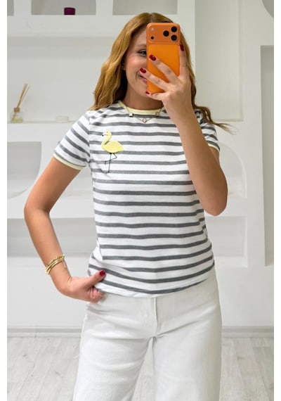 Fiolin Bisiklet Yaka Çizgili T-shirt Sari