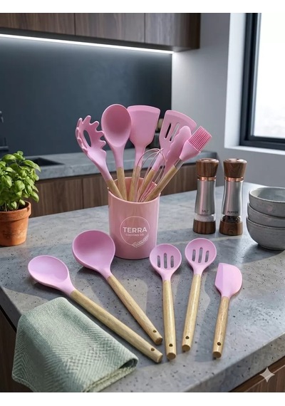 12 Parça Bambu Saplı Silikon Mutfak Gereçleri Seti - Pembe Mutfak Servis Seti Belirtilmemiş