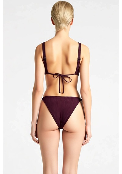 Benerly Kadın Bikini Takımı Üçgen Kesim Kapsız Üst Yüksek Bel Bağlamalı Y Mürdüm