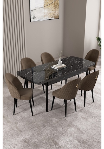 Milas Siyah Mermer Desen 80x132 Mdf Açılabilir Mutfak Masası Takımı 6 Adet Sandalye Kahverengi Milas Siyah Mermer Desen 80x132 Mdf Açılabilir Mutfak Masası Takımı 6 Adet Sandalye Kahverengi