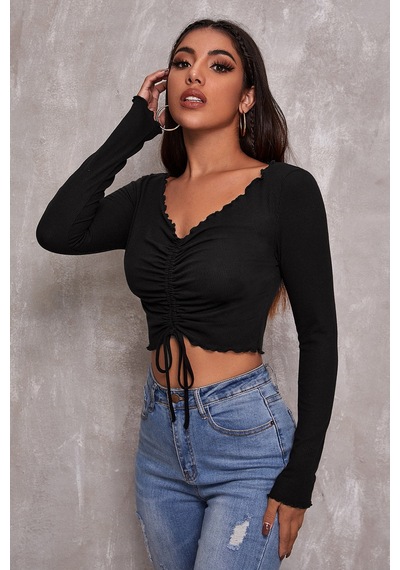 Epilons Zenvial Kadın Siyah Uzun Kollu Büzdürme Bağcık Detaylı Crop Top Bluz Zenviall2