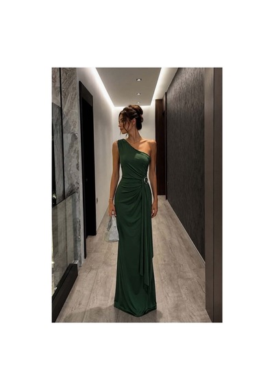 Lior Design Kadın Sade Tek Omuz Kemerli Maxi Abiye Elbise Zümrüt