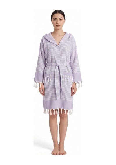 Kapşonlu Unisex Peştemal Plaj Bornozu %100 Pamuklu Seaside Stripe Lila