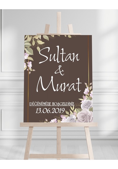 Söz Nişan Düğün İçin 50x70 Karşılama Panosu - Kahverengi Tasarımlı Beyaz