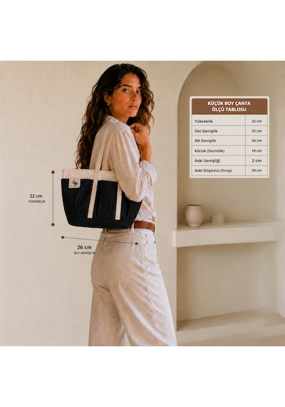 Bordglow Novaglow Design Serisi Küçük Boy - Siyah - Premium Kanvas Çanta - Tote Bag 9 Cep - Fermuarlı 32x22x10 Cm