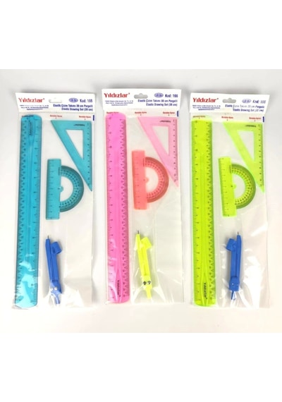 Elastik Çizim Takımı 30 Cm Pergelli Çok Renkli