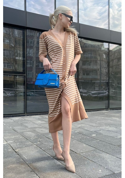 Madmext Camel Düğmeli Triko Kadın Elbise Mg1648-camel
