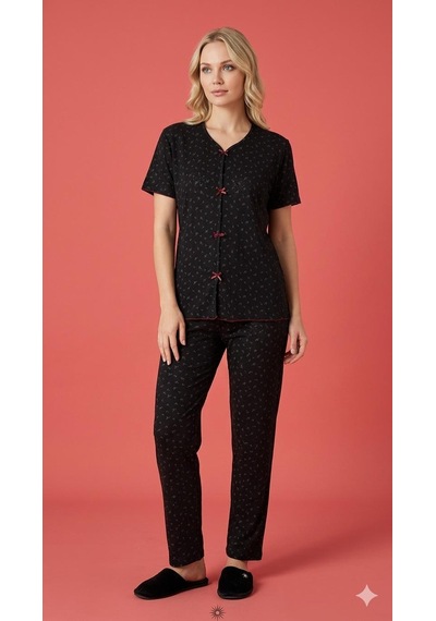 Sleeproom Yazlık Siyah Çiçek Desenli Kısa Kol Penye %100 Pamuk Pijama Takım Siyah Çıtır Çiçek