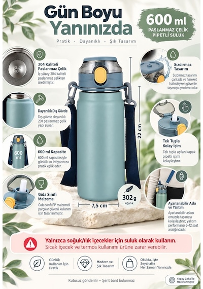 304 L Çelik Mavi 600 ml Askılı ve Pipetli Matara Suluk cin411mv