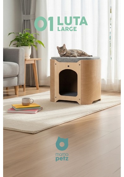Mamapetz - Ahşap Kedi Ve Küçük Irk Köpek Kulübe Ve Yatağı Luta Large - Doğal Ahşap