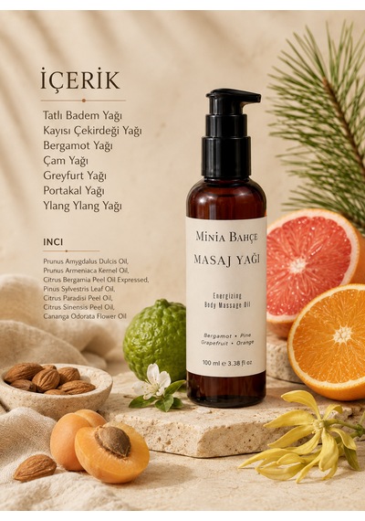 Minia Bahçe Bergamot Çam Greyfurt ve Portakal Yağlarıyla Vücut Bakımı Masaj Yağı 100 ML