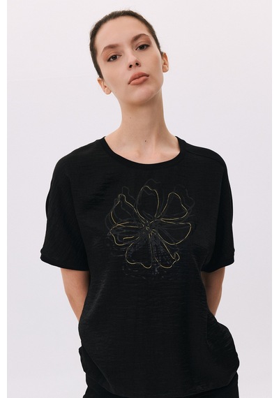 Daido Kadın Yuvarlak Yaka Kısa Kollu Desenli T-shirt 6217 Siyah