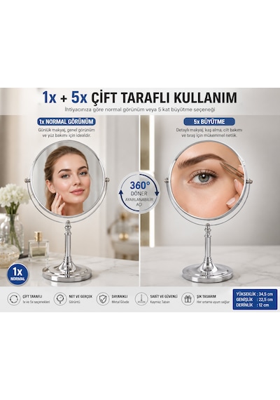 Çift Taraflı Ayaklı Makyaj Aynası 1x + 5x Büyütmeli 360 Döner Krom Metal Masa Aynası