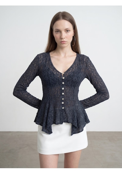 Dilvin 60433 Düğmeli Peplum Dantel Hırka-indigo İndigo