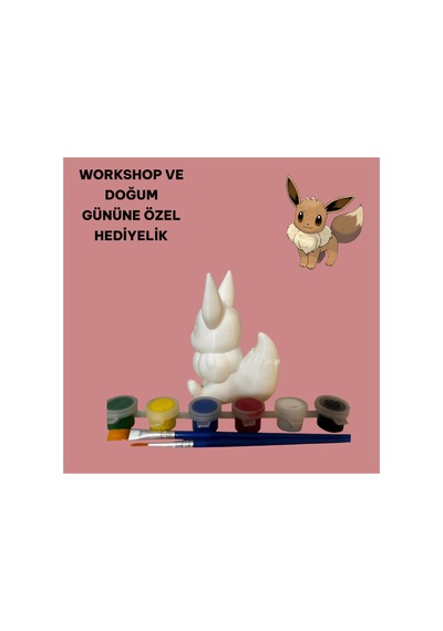 3d Evee Pokemon Figür Boyama Seti - Kendin Boya Hobi Ve Etkinlik Seti - Akrilik Boya + 2 Fırça