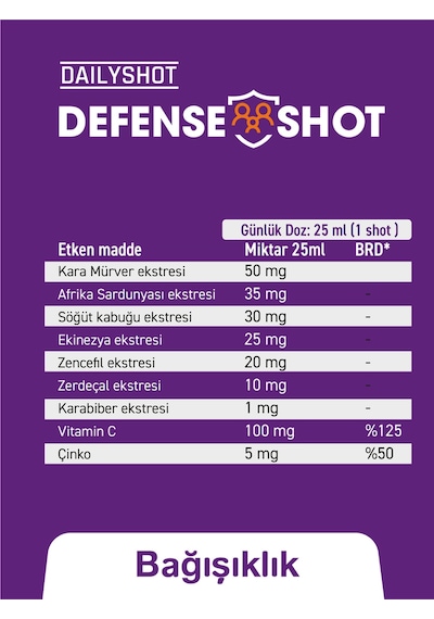 Hangover Shot Defense Shot Soğuk Algınlığına Karşı Bitkisel Gıda Takviyesi, Defense Shot 7'li