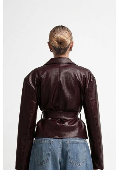 Laleli Butik Yeni Sezon Kruvaze Kuşaklı Düğmeli Deri Ceket Bordo&burgundy Bordo&Burgundy